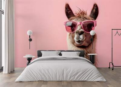 Creative animal concept. Llama in sunglass shade glasses isolated on solid pastel background, commercial, editorial advertisement, surreal surrealism Wall mural