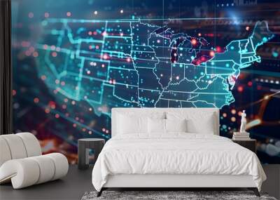 Digital map of USA, concept of North America global network and connectivity, data transfer and cyber technology, information exchange and telecommunication Wall mural