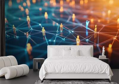 Futuristic Digital Network Landscape with Glowing Geometric Patterns and Connections Wall mural