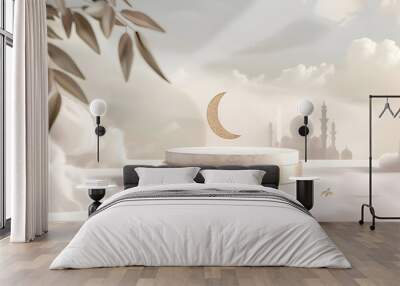 Ramadan Mubarak Celebration with Golden Crescent Moon and White Mosque Wall mural