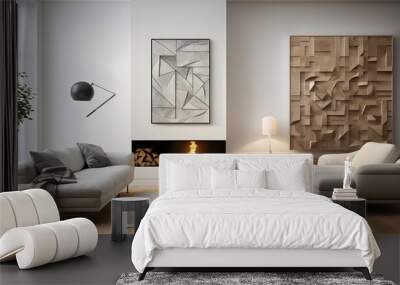 two photos which show two living rooms with a fireplace, a fireplace and a large window, in the style of sabattier filter, white background, clear edge definition, danish golden age Wall mural