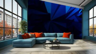 3d ILLUSTRATION, of blue abstract crystal background, triangular texture, wide panoramic for wallpaper, 3d black background low poly design Wall mural