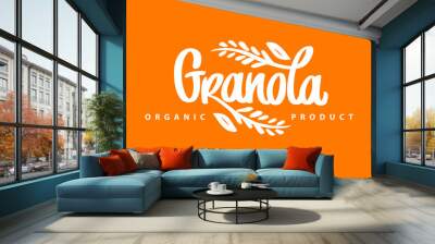 Granola organic logo vector. Lettering composition and spikelets with grains. Handwritten calligraphy. Healthy food logotype for package, label. Wall mural