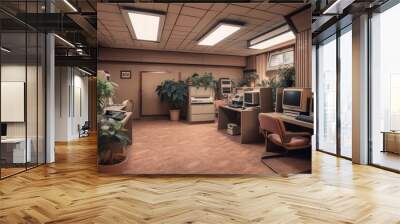 1980s styled office interior. Vintage computers and desks, lots of plants. Nobody. Generative AI Wall mural