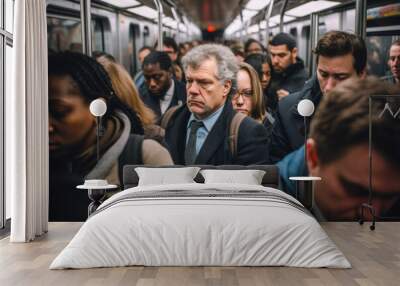 a big crowd of people in the new york subway metro in rush hour on their way home driving with trains. in the evening after work day. everybody is tired. Wall mural