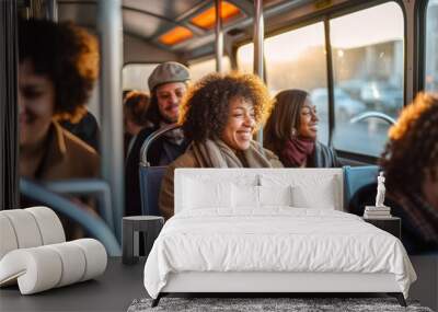 A diverse group of people commencing their morning commute on a city bus Wall mural