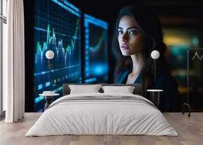 A female financial analyst examining stock ticker displays, analyzing recession indicators and bear market trends in economic decline, or bull market and economic upturn Wall mural