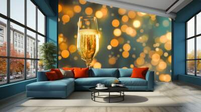 A glass of champagne on a silver background with highlights for christmas and new year. With Generative AI technology Wall mural