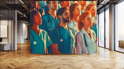 A group of people in medical uniform, a rally of doctors with the unity and determination of healthcare professionals. Concept: medical workers, strike or social issues in health and clinics Wall mural