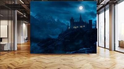 A haunted vampire castle on a mountain at night Wall mural