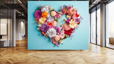 A heart made of flowers on a blue surface, soft pastel colors with organic form. Romantic symbol for Valentines Day and Mother's Day. Generative AI Wall mural