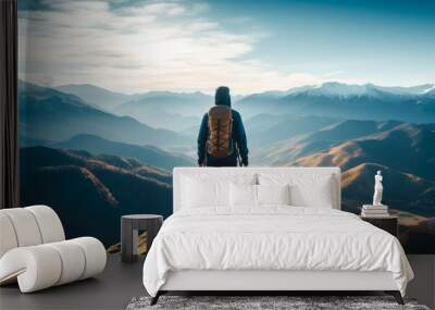 A hiker at the top of a mountain overlooking a stunning view. Apex silhouette cliffs, summits and valley landscape Wall mural