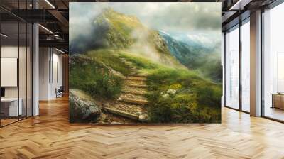 A scenic mountain trail surrounded by lush green grass and wildflowers under a partly cloudy sky. Wall mural