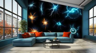 A set of electric thunder bolts, lights effects. Isolated on a black background. Magical, sorcery concept Wall mural