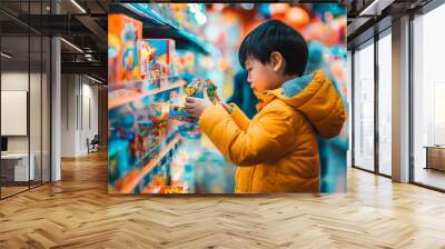 A young child in a blue jacket is looking at toys on a shelf in a store. The child is focused on a toy car in their hand. The shelves are filled with colorful toys. Wall mural