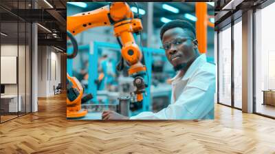 African American engineer working with automatic robotic arm machine in a factory Wall mural