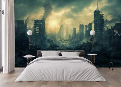 Apocalyptic view of destroyed world, post apocalypse after world war or natural disaster Wall mural