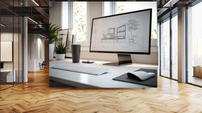 Architect office project concept. Computer screen on white work desk showing house blueprints in CAD program. Generative AI Wall mural