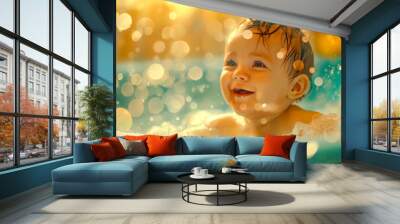 Baby happy bath time, a child laughing in bath tub Wall mural