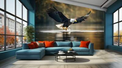 Bald Eagle Flying and Hunting Over Water, high quality generative ai Wall mural