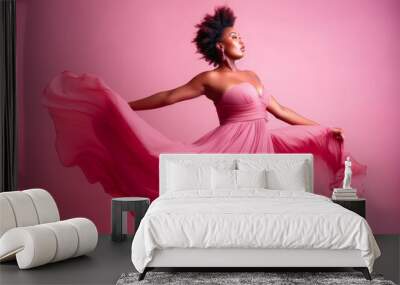 Beautiful American African plus-size model wearing a pink dress portrait on a pink background. Body positivity and diversity. Generative AI Wall mural