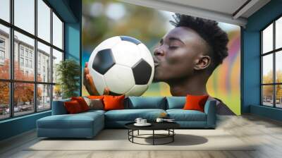 Black African young man in love with football sport kissing a soccer ball Wall mural