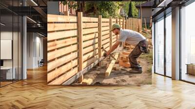 Builders constructing a fence. Fence builders. Generative AI Wall mural