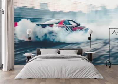 Car drifting, Blurred image diffusion race drift car with lots of smoke from burning tires on speed track. Wall mural