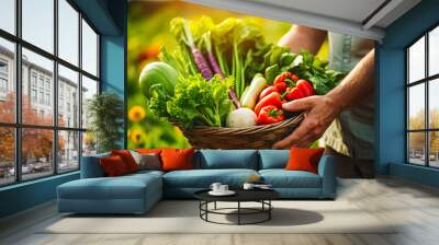 Closeup of a farmer hands holding a basket of organic vegetables,, emphasizing the natural farm-to-table process and healthy food Wall mural