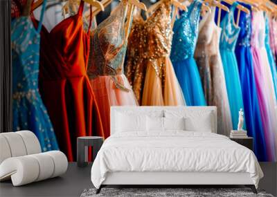 Collection of elegant evening dresses hanging on rack in luxury modern shop boutique. Dress rental for various occasions and events. Ball gown hire Wall mural