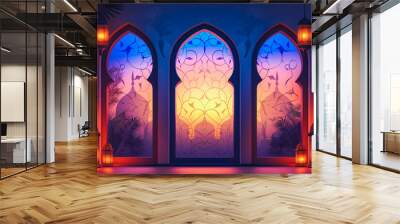 Collection of oriental style Islamic ramadan mubarak windows and arches with modern style design, door mosque, mosque dome and lanterns. Ramadan illustration Wall mural