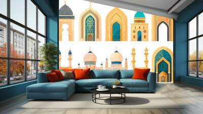 Collection of oriental style Islamic ramadan mubarak windows and arches with modern style design, door mosque, mosque dome and lanterns. Ramadan illustration Wall mural