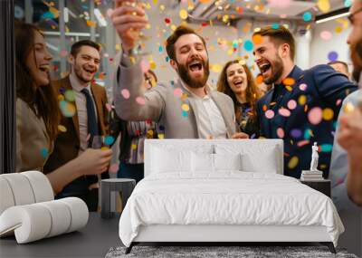 Corporate businesspeople having fun and in corporate party at office, celebrating spacial event such as corporate anniversary or business success. Wall mural