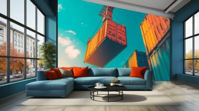 crane loading cargo container from truck to container ship in the international terminal logistic sea port concept freight shipping by ship, banner forwarder mast Wall mural