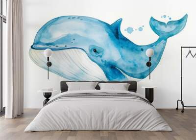 Cute blue smiling baby whale watercolor illustration Wall mural