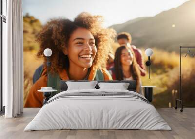 Diverse group of teenagers hiking and enjoying nature, a group of young friends exploring the great outdoors, embracing an active lifestyle in nature Wall mural