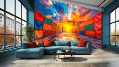 Dramatic Sunset Over Industrial Shipping Container Yard, Global Trade and Transport Hub. International Logistics Concept Wall mural