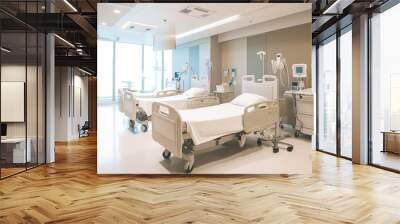 Empty hospital room with beds and other medical equipment. Generative AI Wall mural