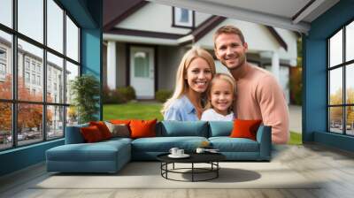 Family in front of newly purchased house, smiling proudly. Home ownership, real estate and a life goal accomplishment Wall mural