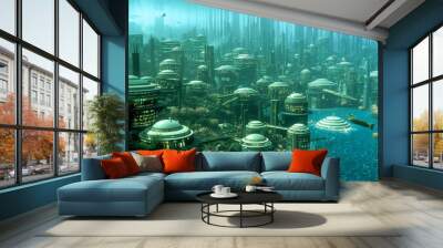 Futuristic underwater city with domed structures and underwater vehicles Wall mural