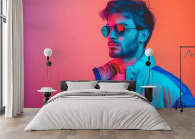 Gen-z handsome caucasian European fashionable male, wearing neon stylish clothes, retro style in the style of vaporware fashion with copy space Wall mural