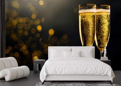 Glasses of champagne toasting in the night party. Celebration concept Wall mural