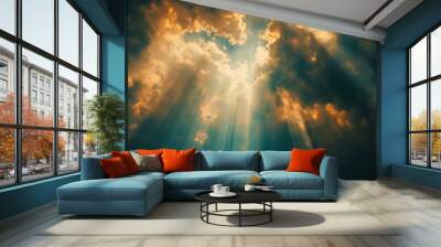 God golden light in heaven symbolizing divine presence, truth, spiritual illumination, God love and grace. Light beams blessing world with heavenly light Wall mural