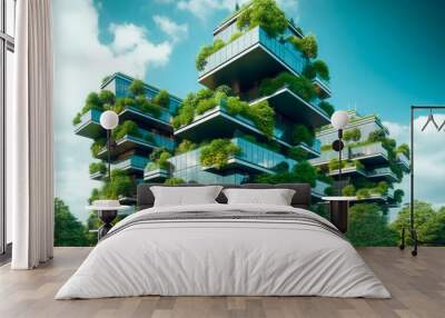 Green buildings concept. Eco-friendly green apartment or office building with vertical garden design for sustainability, Modern architecture, covered with moss and plants. High quality generative AI Wall mural