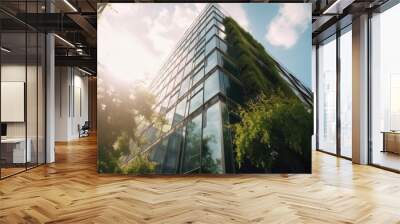 Green office building in a modern metropolis. Glass building with green tree branches and leaves to reduce carbon dioxide. Concept. Generative AI Wall mural