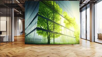 Green office building in a modern metropolis. Glass building with green tree branches and leaves to reduce carbon dioxide. Concept. Generative AI Wall mural