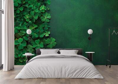 Green st patrick's day background with clovers copy space Wall mural