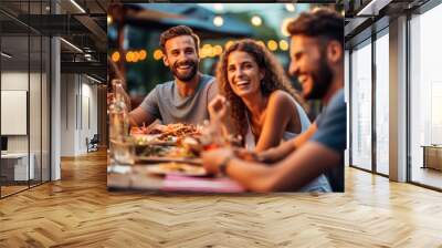 Group of friends laughing and enjoying dinner at outdoor restaurant during summer, generative ai Wall mural