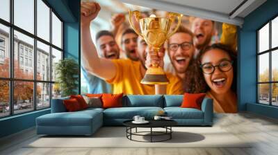 Group of people holding a gold trophy, cheering for their favorite team Wall mural