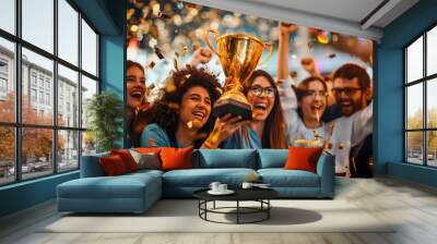 Group of people holding a gold trophy, cheering for their favorite team Wall mural